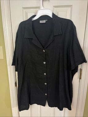 Hot Cotton Black Linen Short-Sleeve Button-Front Camp Shirt